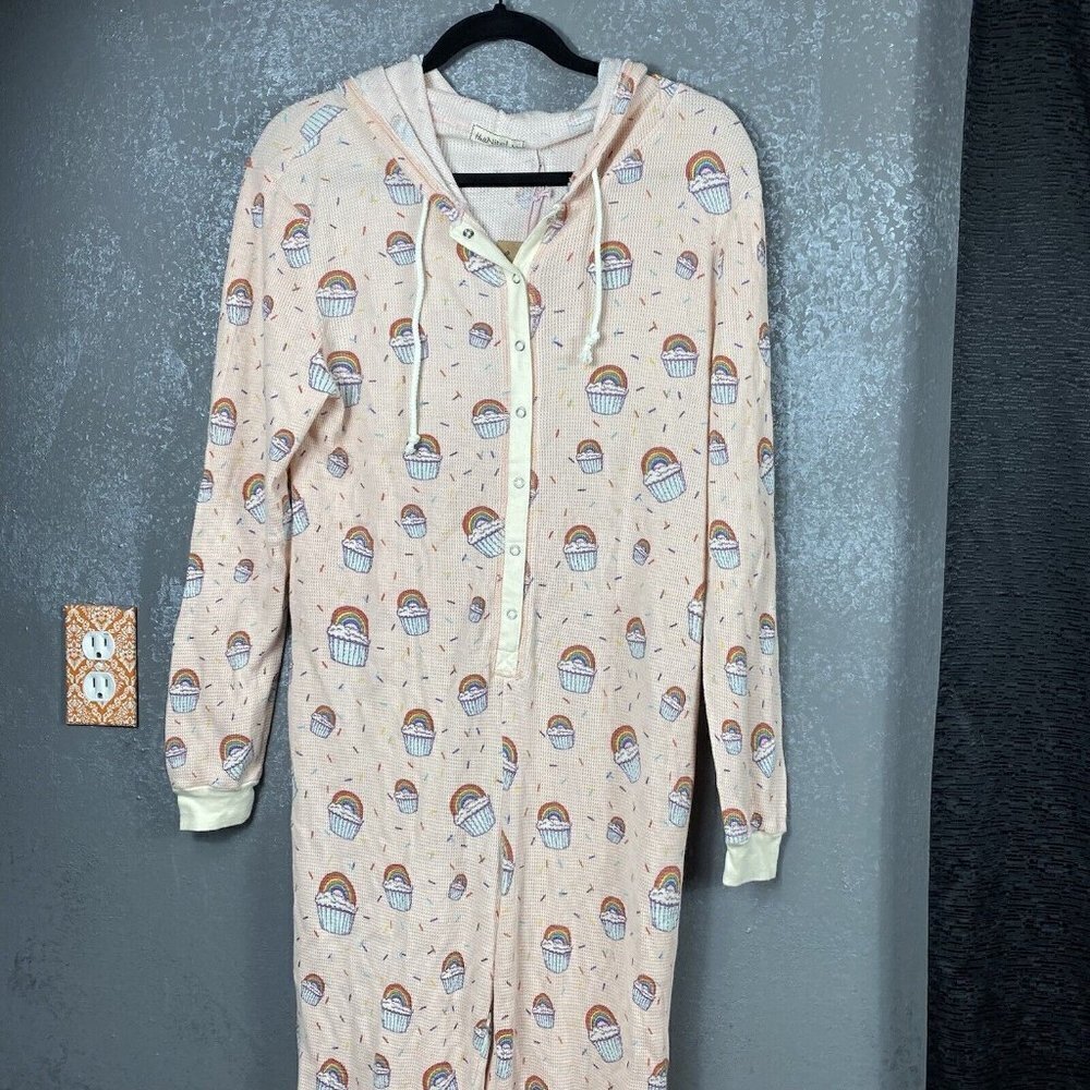 HelloNite! salmon pink cupcake print Jumper One Piece pajama hooded. size small